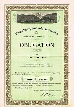Obligation de l'Einwohnergemeinde Interlaken du 30 juin 1904.
