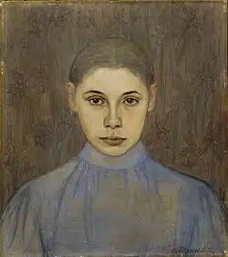 Tableau représentant une jeune femme aux yeux noirs, regardant dans le vide.