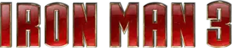Les mots "IRON MAN 3" en capitales rouges, avec le mot "MARVEL" au-dessus, en petit, en capitales blanches sur fond rouge