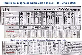 Horaire des lignes de Dijon à Is-sur-Tille et d'Is-sur-Tille à Culmont-Chalindrey en 1956.