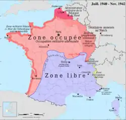 Carte de France représentant la zone libre au sud et la zone occupée au nord, Issy-L'Évêque étant juste au nord de la ligne