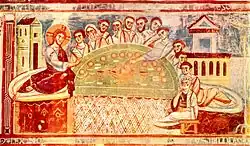 Judas prenant la nourriture ; école de Monte Cassino, c. 1100, Sant'Angelo in Formis, Capua. Avec canapés romains.