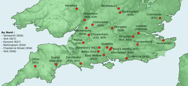 Carte du sud de l'Angleterre indiquant les lieux où est passé Æthelstan