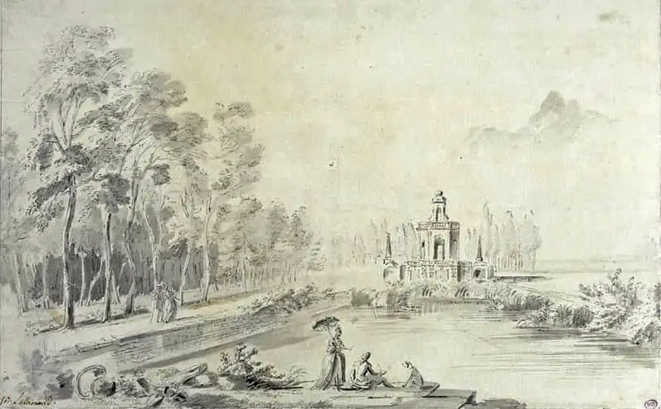 Vue du kiosque de Montmusard vers 1750, lavis d'encre de Jean-Baptiste Lallemand