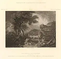 Niobé est au centre, serrant un petit enfant vers elle et lève les yeux vers le ciel. À gauche, Apollon et Artémis tirent des flèches sur ses enfants. Plusieurs sont déjà morts ou blessés ; les autres, à droite, tentent de s'échapper. Il y a une masse d'arbres cassés à l'extrême gauche, une forteresse et une mer orageuse avec un éclair à droite. L'image est dans le même sens que le tableau.