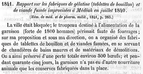 Rapport de Julien-François Jeannel sur sa proposition et réalisation innovante de Tablettes de viande et viande fumée lors du siège de Médéa