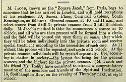 Annonce des séances de Jacob dans un journal spirite londonien en septembre 1870.