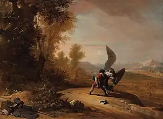 Jacob luttant avec l'ange, 1639, huile sur toile, 50&nbsp;×&nbsp;68&nbsp;cm, Amsterdam, Rijksmuseum.