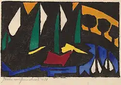 Jacoba van Heemskerck van Beest, Bateau et arbres, 1914, colorié à la main avec de la peinture à l'eau, sur papier du japon, Image : 9.6 x 15.1 cm  Support : 18.4 x 24 cm, Don de  Ruth Cole Kainen, 2012.92.270, National Gallery of Art