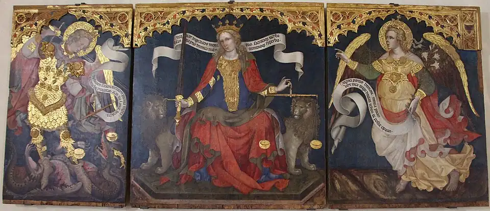 Jacobello del Fiore, Venise 1421. La Justice entre saint Michel et l'archange Gabriel. Triptyque : tempera et or sur bois, H. 208 cm. Gallerie dell'Accademia de Venise.