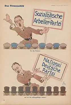 Selon la composition de son auditoire alternativement ouvrier ou financier, Hitler accentue tour à tour tel ou tel vocable du nom du parti national-socialiste des travailleurs allemands. Illustration de Jacobus Belsen, 1930.