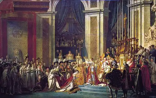 Le Sacre de Napoléon, tableau de Jacques-Louis David, 1805–1808, musée du Louvre. La scène se déroule dans le chœur de la cathédrale tel qu'il se présentait à l'époque, avec la décoration des colonnes conçue par Robert de Cotte en 1698.
