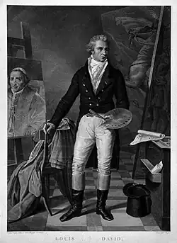 Gravure en noir et blanc représentant David dans son atelier des tableaux autour de lui