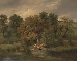 Lavage des moutons dans la rivière en contrebas d'un pâturage, par James Stark(1794 - 1859) ; peint vers 1822, Norwich, Angleterre