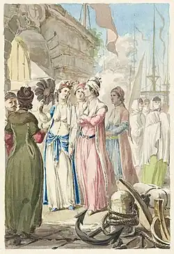 Vue du port de Smyrme en 1777 avec des femmes grecques et turques.