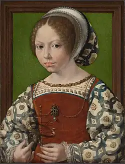 Jeune fille avec une sphère portative de Jan Gossaert (v. 1520) à The National Gallery, Londres. Notez que la sphère armillaire est tenue à l'envers[pourquoi&nbsp;?].
