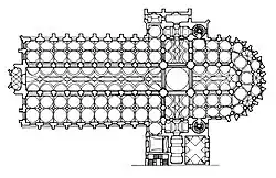 Plan d'une église dont les voûtes de la nef sont entrelacées, et les travées des bas-côtés voûtés en coupoles.