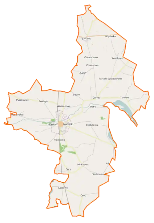 Localisation du village au sein de la gmina Janowiec Wielkopolski.