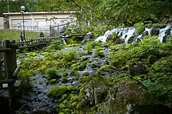 Photo couleur d'une étendue d'eau parsemée de rochers moussus avec une cascade au second plan.