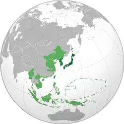 Carte géographique centrée sur l'Asie-Pacifique. Le Japon en vert foncé est entouré de ses possessions en vert clair.