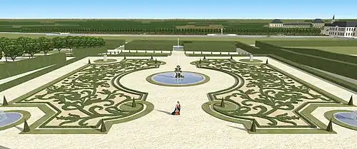 Restitution de la vue depuis le balcon du premier étage du Petit château de Brunoy, vers 1750.