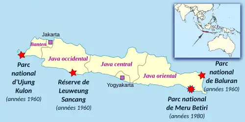 Carte de Java avec emplacement des parcs où le Tigre de Java vit encore dans les années 1960.