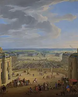 Vue en perspective de la Petite et de la Grande Écurie depuis la place d'Armes en 1688.