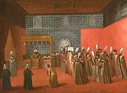 Le sultan ottoman Ahmed III reçoit l’ambassadeur néerlandais Cornelis Calkoen au Palais de Topkapı en 1727, tableau de Jean-Baptiste van Mour, 1727.