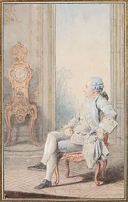 Carmontelle, Jean-Benjamin de La Borde (1734-1794) devant l'horloge astronomique de Claude-Siméon Passemant, 1762.