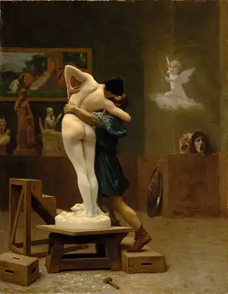 Peinture d'un modèle féminin nu de dos, équivoque car statue sur socle ou vivant embrassé par sculpteur dans un atelier.