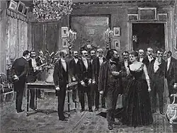 Dessin en noir et blanc montrant une dame en robe prenant le bras d'un homme barbu dans un salon élégant.