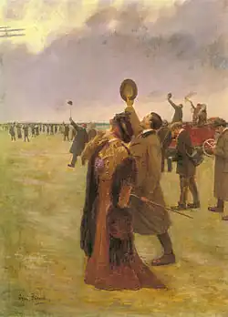 Tableau montrant une foule enthousiaste, les regards tournés vers le ciel où se distingue un avion, dans le coin en haut à gauche du tableau.