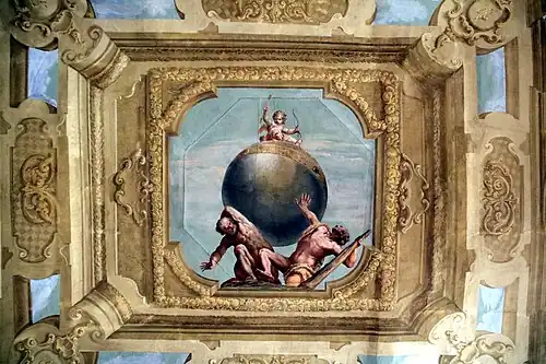 Amour dominateur assis sur le monde porté par Atlas et Hercule.