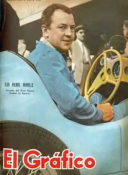 Illustration de magazine de Jean-Pierre Wimille de trois-quarts arrière assis dans une monoplace.