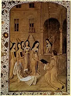 Jean de Meung présentant sa traduction en français de la Consolation de Philosophie à la reine Marguerite d'Anjou, fin XVe&nbsp;siècle.