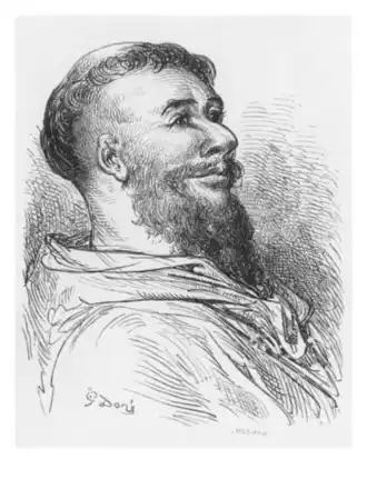 Jean des Entommeures, tel qu'imaginé par Gustave Doré (XIXe&nbsp;siècle). On remarquera l'embonpoint, alors que Rabelais en faisait un homme «&nbsp;maigre&nbsp;»...