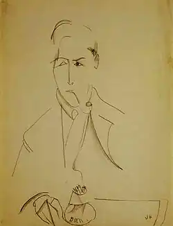 Dessin au crayon d'un homme en buste à peine esquissé, long nez droit et pipe à la bouche