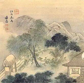 Ingok Yugeo. Couleur sur papier, 27,3&nbsp;×&nbsp;27,5&nbsp;cm. Chŏng Sŏn, vers 1742. Fondation Gansong d'art et de culture