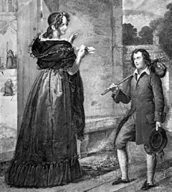 Gravure. Devant une maison, une femme élégante sourit à un jeune homme pauvrement vêtu, un baluchon à l'épaule.