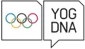 Ancien logo des JOJ composé des anneaux olympiques dans un carré et d'une bulle avec la mention en anglais YOG DNA.