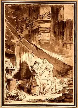 L'Hermite (détail), illustration pour les Contes de La Fontaine, lavis au bistre.