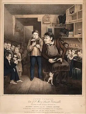 Des enfants dans la boutique d'un cordonnier. Un lit la Bible debout à haute voix.