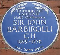 blue commémorative plaque on Barbirolli's birthplace