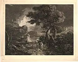 Niobé est au centre, serrant un petit enfant vers elle et lève les yeux vers le ciel. À droite, Apollon et Artémis tirent des flèches sur ses enfants. Plusieurs sont déjà morts ou blessés ; les autres, à gauche, tentent de s'échapper. Il y a une masse d'arbres cassés à l'extrême droite, une forteresse et une mer orageuse avec un éclair à gauche. L'image est dans le sens inverse de celui du tableau, à savoir que l'arbre du premier plan est à droite et la forteresse à gauche.