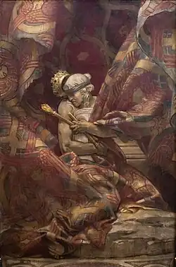 Peinture représentant une femme ayant les yeux bandés coiffée d'une couronne chancelante.