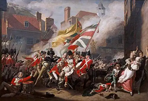 « The Death of Major Peirson, 6 January 1781 » par John Singleton Copley : l'étendards à la bataille de Jersey