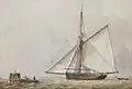 A trading cutter shortening sail as members of her crew carry a mooring rope to a wooden dolphin nearby, stylo, encre indienne et aquarelle