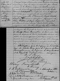 Acte de mariage entre Joseph Adolphe Chapleau et Marie Louise King. 25 novembre 1874. Paroisse Saint-Michel-de-Sherbrooke de la ville de Sherbrooke.