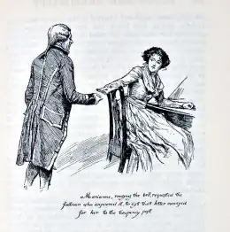 Dessin, femme assise à un bureau tournée la main tendue vers un jeune homme en retrait vu de dos.