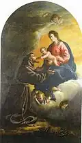 Juan van der Hamen y León, La Vierge présente l'enfant Jésus à saint François, 236&nbsp;×&nbsp;138&nbsp;cm, huile sur toile, cabinet d'avocats Blondeau et Associés à Paris.